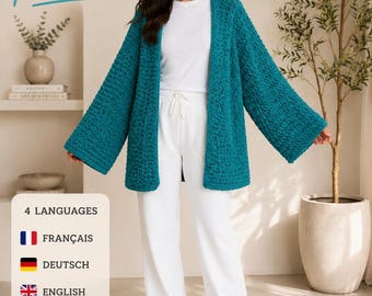 Patrón de cárdigan de crochet para principiantes (PDF) / Cárdigan raglán extragrande fácil / Tutorial paso a paso / Tallas XS-5XL
