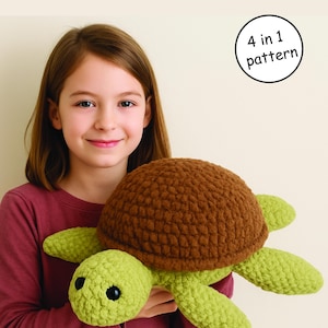 May include: A crocheted turtle plush toy with a brown shell and green body. The turtle has black eyes and is being held by a person. A circular graphic in the upper right corner reads "4 in 1 pattern".