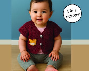 Children’s V-Neck Cardigan Crochet Pattern | Knit-Look Ribbing | Baby 6 to 12 month | PDF pattern