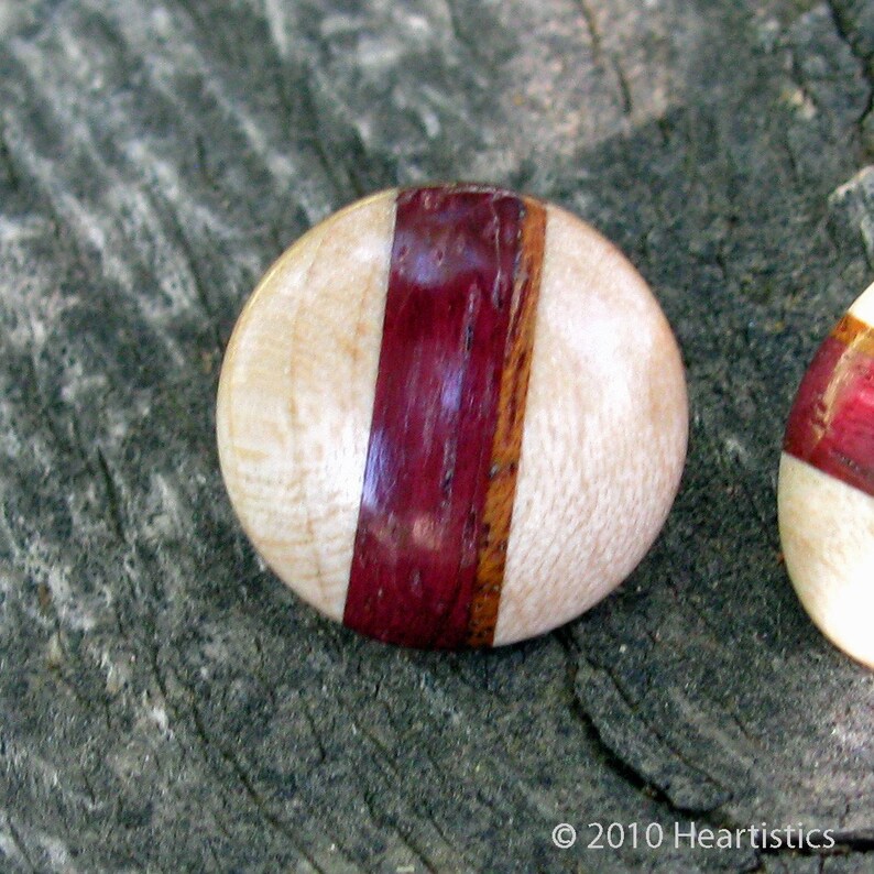 Inlaid Maple Button Post Wooden Earrings with Purpleheart and Mahogany Stripe Inlays image 2