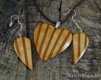 Cherry Dawn - Maple and Cherry Inlaid Wooden Heart Pendant Necklace and Exclusive Half Heart Earring Set  Dangle Earrings - Fall Fashion