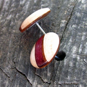 Inlaid Maple Button Post Wooden Earrings with Purpleheart and Mahogany Stripe Inlays image 3