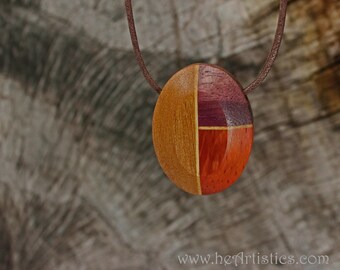 Red and Purple Beveled Ellipse Pendant Necklace in Pecan, Padauk and Purpleheart