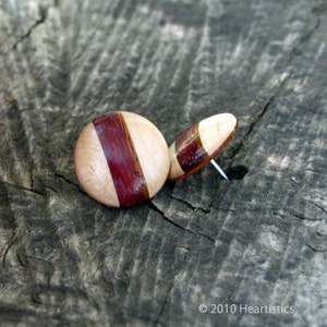 Inlaid Maple Button Post Wooden Earrings with Purpleheart and Mahogany Stripe Inlays image 1