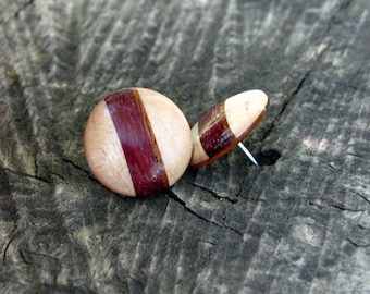 Inlaid Maple Button Post Wooden Earrings with Purpleheart and Mahogany Stripe Inlays