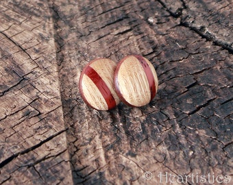 Solid Ash Button Post Wooden Earrings Inlaid with Padauk stripe and Mahogany edge- eco chic