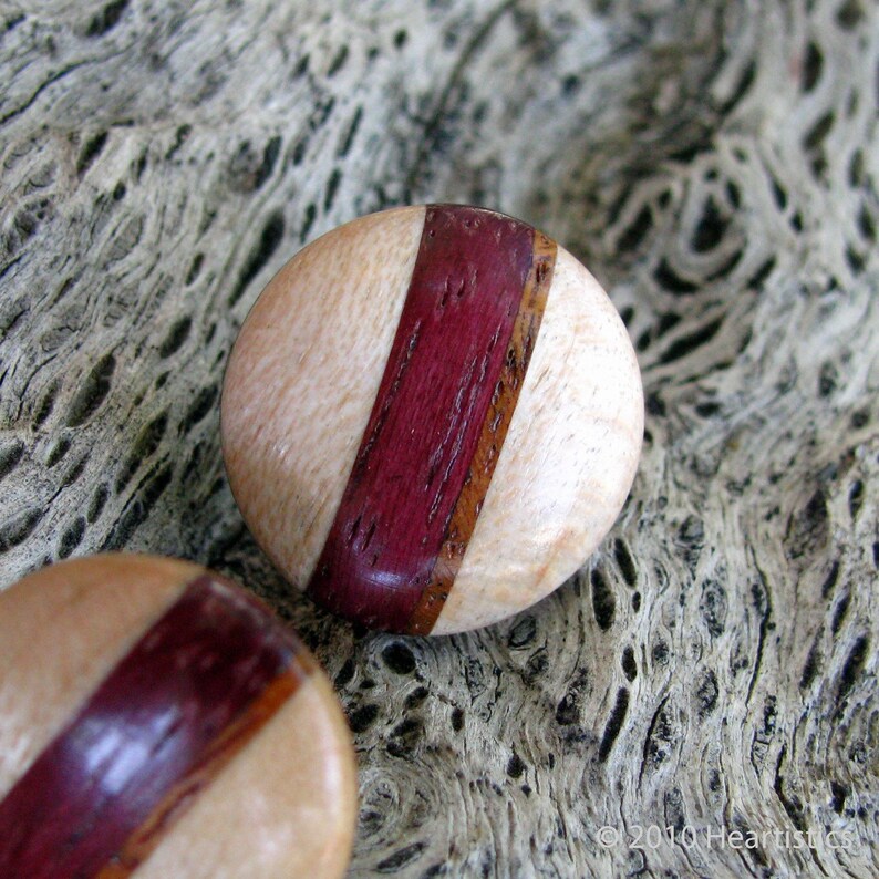 Inlaid Maple Button Post Wooden Earrings with Purpleheart and Mahogany Stripe Inlays image 4