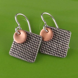 Mixed Metal Silver Copper Textured Square Geometric Earrings image 1