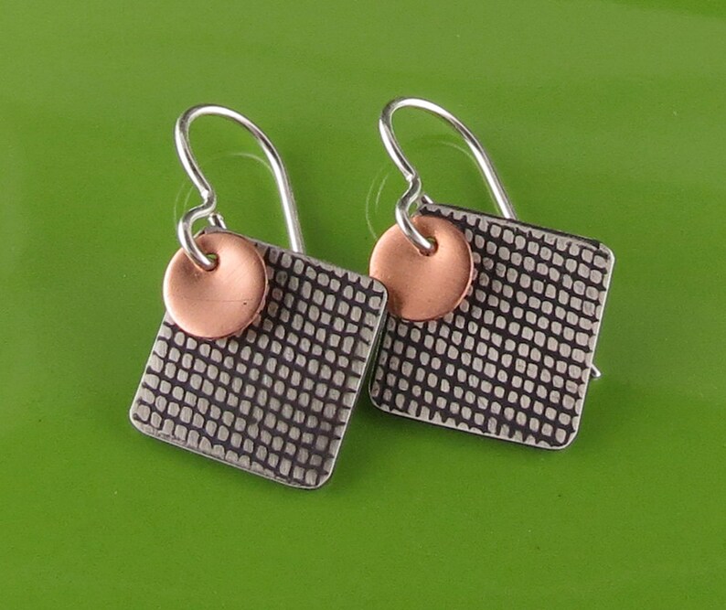 Mixed Metal Silver Copper Textured Square Geometric Earrings image 1