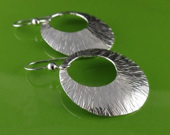 Modern Large Round Textured Silver Earrings