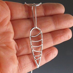 Long Modern Sterling Silver Leaf Pendant on Silver Chain Handmade image 5