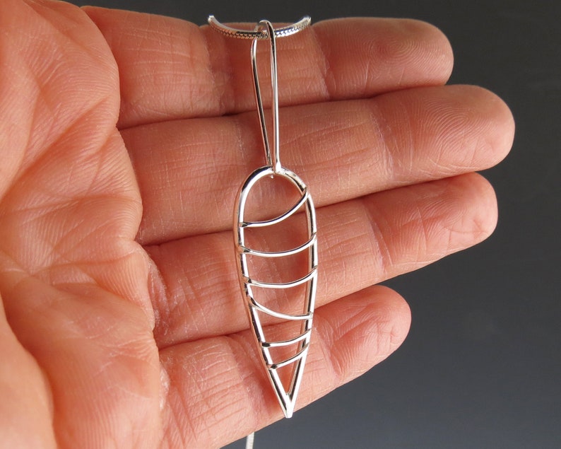 Long Modern Sterling Silver Leaf Pendant on Silver Chain Handmade image 5