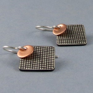 Mixed Metal Silver Copper Textured Square Geometric Earrings image 3