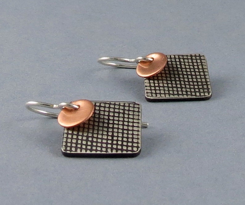 Mixed Metal Silver Copper Textured Square Geometric Earrings image 3