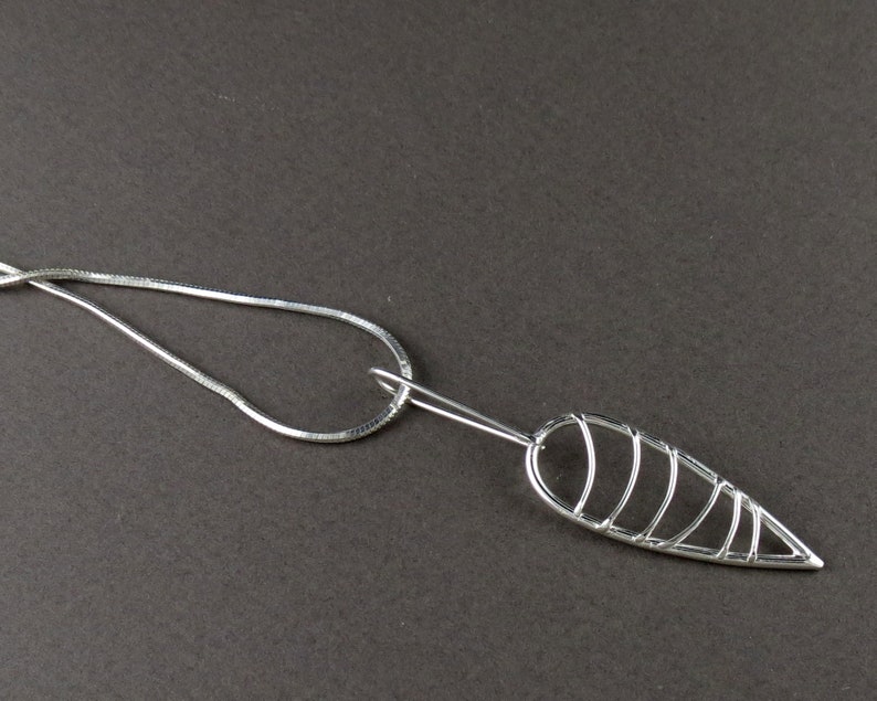 Long Modern Sterling Silver Leaf Pendant on Silver Chain Handmade image 4