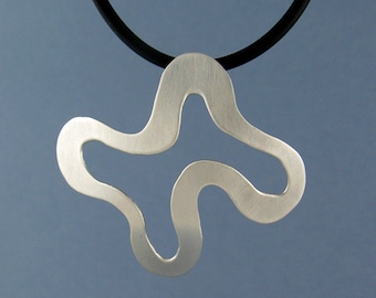 Abstract Modern Sterling Silver Pendant on Rubber Cord, Handmade