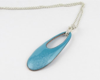 Long Oval Teal Enamel Pendant with Sterling Silver Chain