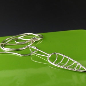 Long Modern Sterling Silver Leaf Pendant on Silver Chain Handmade image 1