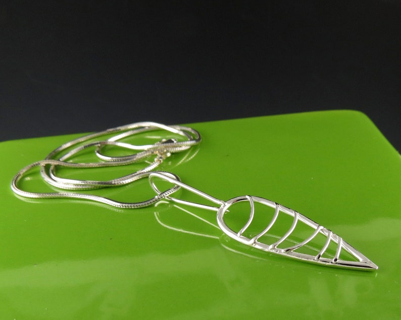 Long Modern Sterling Silver Leaf Pendant on Silver Chain Handmade image 1