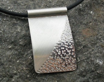 Zen Silver Textured Rectangular Pendant on Rubber Cord, "Rectangular Zen Sand Pendant"