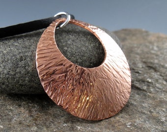 Round Textured Copper Pendant on Satin Cord