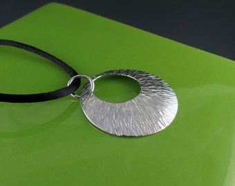 Large Round Textured Silver Pendant on Black Satin Cord