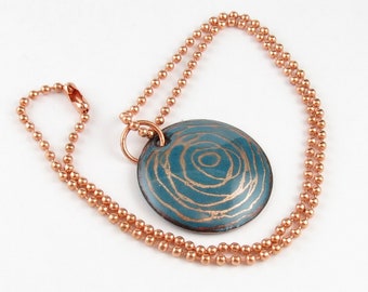 Round Teal Enameled Pendant with Spiral Design