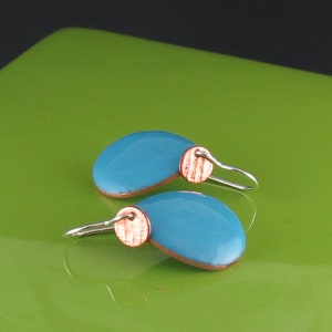 Blue Teardrop Enamel Earrings with Copper Circles and Sterling Earwires
