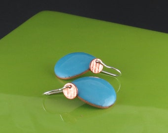 Blue Teardrop Enamel Earrings with Copper Circles and Sterling Earwires