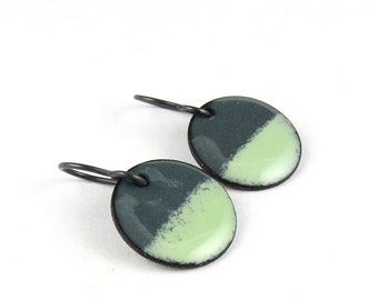 Gray and Green Round Enamel Earrings on Niobium Earwires