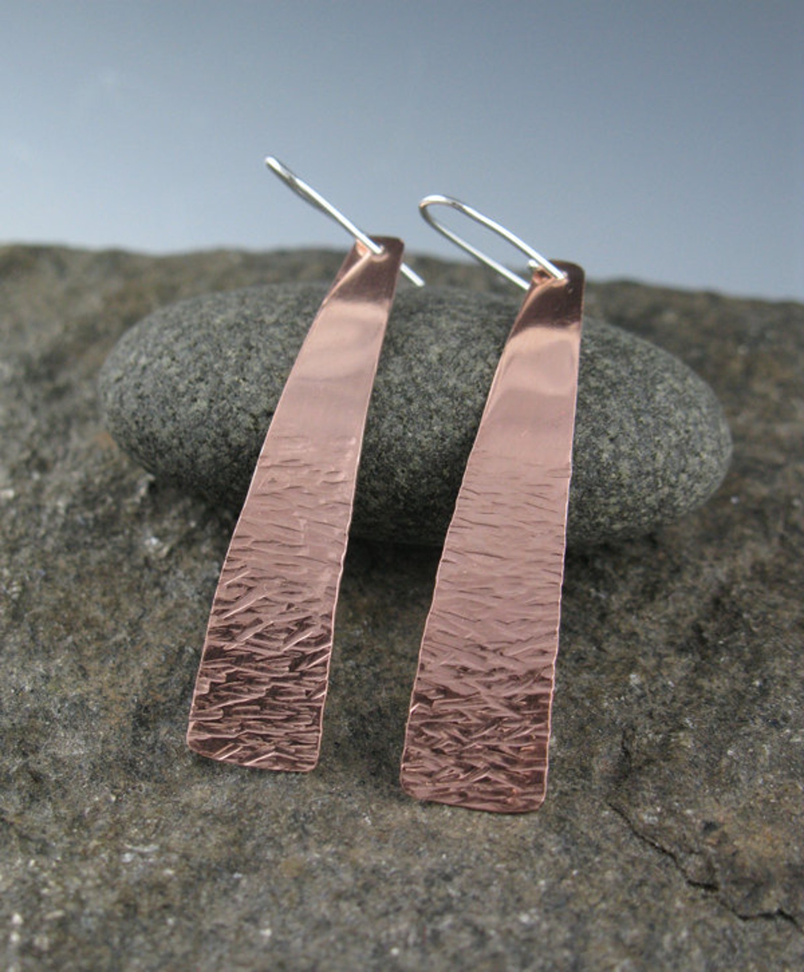 Long Textured Copper Earrings on Sterling Silver Earwires - Etsy