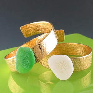 Brass and Sea Glass Napkin Rings - One Pair, Handmade