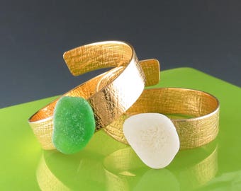 Brass and Sea Glass Napkin Rings - One Pair, Handmade