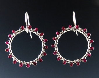 Round Sterling Silver and Garnet Dangle Earrings