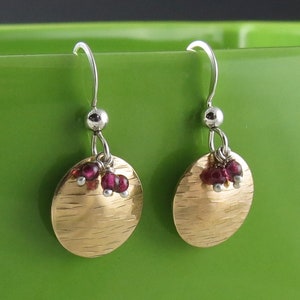 Petite Round Textured Brass and Garnet Earrings on Sterling Silver Ear Wires