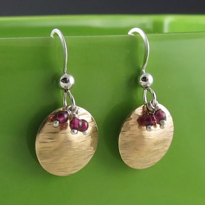 Petite Round Textured Brass and Garnet Earrings on Sterling Silver Ear Wires