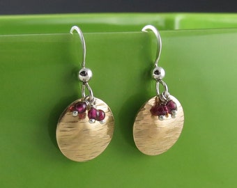 Petite Round Textured Brass and Garnet Earrings on Sterling Silver Ear Wires