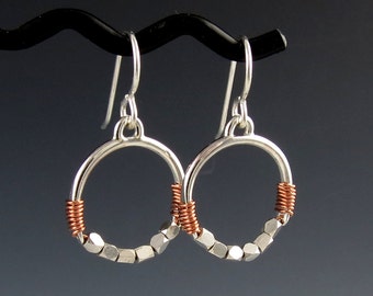 Mixed Metal Copper and Silver Circle Earrings