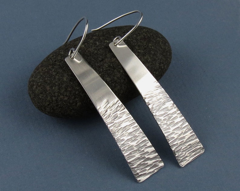 Modern Long Textured Silver Earrings Handmade - Etsy