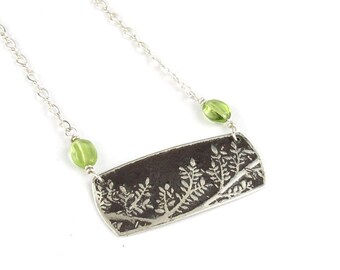 Sterling Silver Rectangular Embossed Branch Pendant with Peridot and Sterling Chain