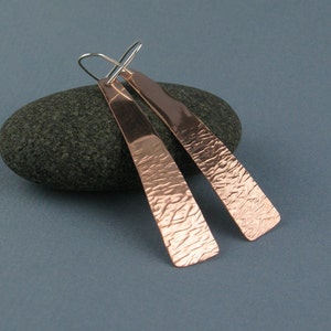Long Textured Copper Earrings on Sterling Silver Earwires, Handmade