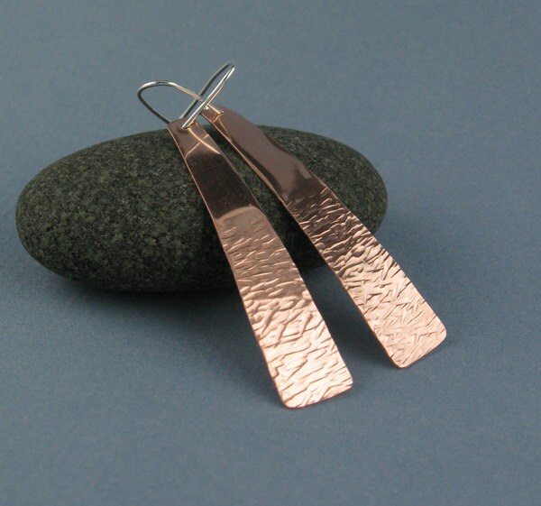 Long Textured Copper Earrings on Sterling Silver Earwires - Etsy