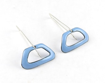 Blue Enamel Trapezoid Earrings on Long Sterling Silver Ear Wires