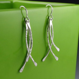Long Silver Hammered Dangle Earrings, &quot;Twig Earrings&quot;