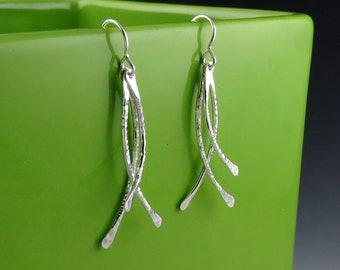 Long Silver Hammered Dangle Earrings, "Twig Earrings"