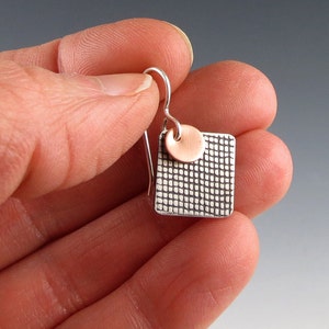 Mixed Metal Silver Copper Textured Square Geometric Earrings image 5