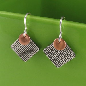 Mixed Metal Silver Copper Textured Square Geometric Earrings image 4