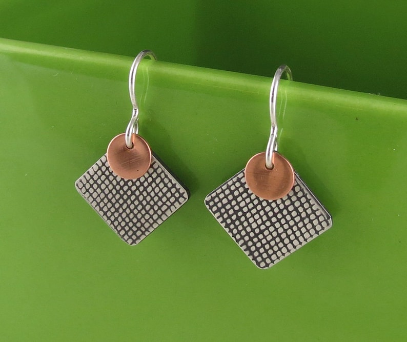 Mixed Metal Silver Copper Textured Square Geometric Earrings image 4