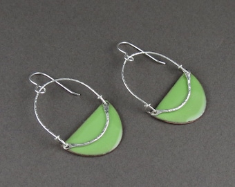Green Enamel and Sterling Silver Half-Circle Earrings