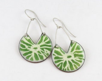 Green and White Enamel Lilypad Earrings